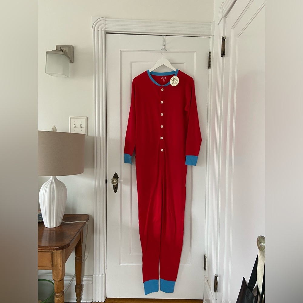 Wild & Cozy red and blue unisex long johns with bum flap, size medium